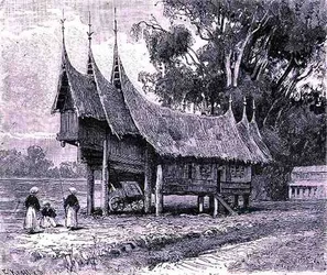 Haus in Zentral-Sumatra, graviert von E. Krell, aus Die Geschichte der Menschheit, Bd.1, von Prof. Friedrich Ratzel, 1896
